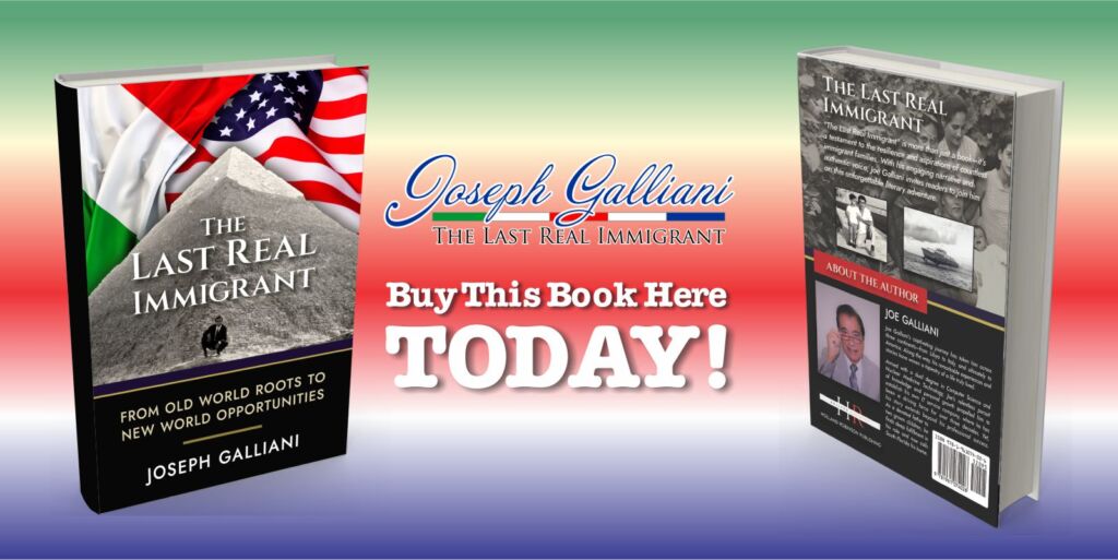 Buy The Book "The Last Real Immigrant by Joe Galliani here on this page Header image of book - front and back with author's image on back.